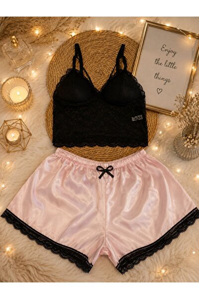Dantel işlemeli Saten Şortlu Bralet Takım