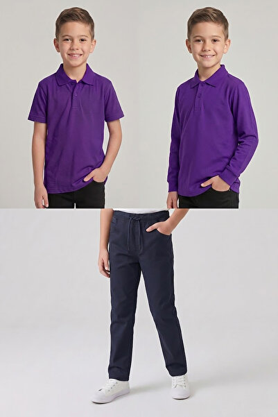 nacar çarşı Boys' School Purple Long and Short Sleeve Polo Collar T-Shirt Nav...