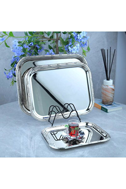 Al Hadaya Mall Stainless Steel Elegant Design Tray Set - Silver - (3 Pieces)