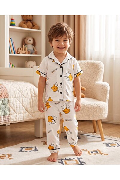 Ege Bebek Boy's Summer Pooh Printed Double-Breasted Collar Nightgown Pajama S...