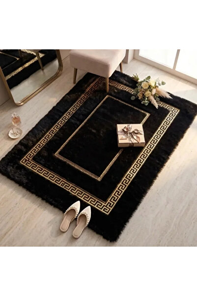 Gold Detaylı Peluş Halı Lüks Modern Salon ve Yatak Odası Halısı