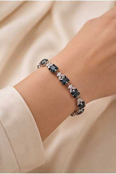 Valmont Women's Silver Color Black Stone Bracelet – Rectangular Cut Sparkling...