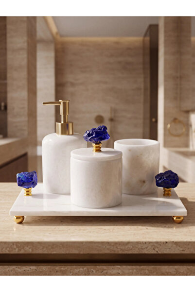 Derya Home Beyaz Gerçek Mermer 4’lü Banyo Seti Kobalt Mavi Cam Gold Detaylı L...