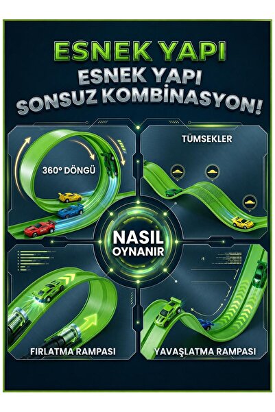 Hyd Go Track Oyuncak 4,5 Metre Esnek Yarış Pisti Kıvrılabilen Aksiyon Pisti Flex Track Oyun Pisti