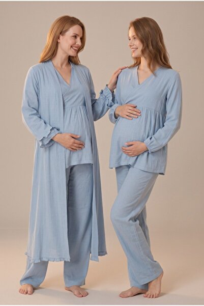 Pelin Women's Indigo Muslin Cotton Fabric Long Sleeve Double-Breasted Collar ...