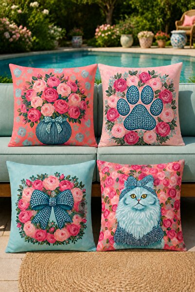 EVPANYA Cat and Roses Patterned 4-Piece Throw Pillow Cover Set