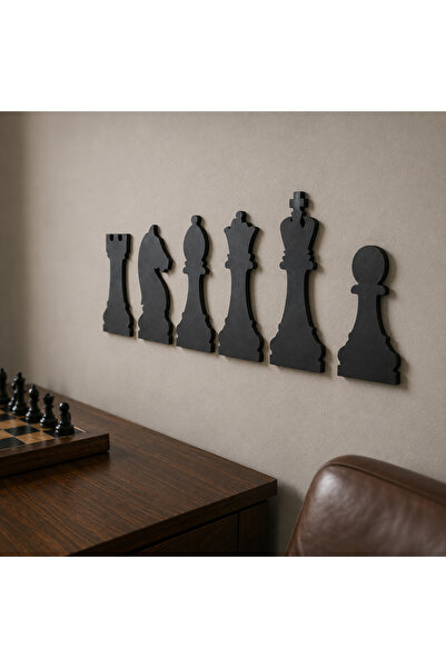 ArliaDesign 6 Parça Satranç Taşları Duvar Dekoru 40 × 20 cm Siyah MDF Şah Vezir Fil At Kale Piyon Seti