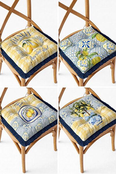 IdeCraft Yellow Gingham Lemon and Tile Motif Fringed 4-Piece Fluffy Kitchen C...
