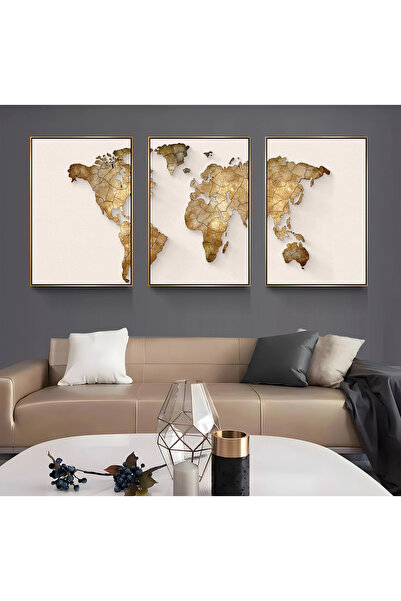 EMYA HOME Gold Metal Framed World Map 3-Piece Canvas Painting Set