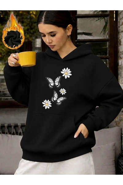 FUFLUNS Daisy Butterfly Printed Oversized Unisex Women'S/Men's Hooded Sweatshirt