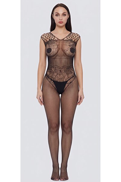 Kadın Siyah Fileli Transparan Vücut Çorabı Bodysuit Fantazi İç Giyim