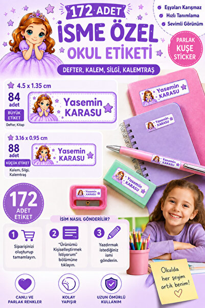 StickerAtölye 172 Adet İsme Özel Okul Etiketi – Prenses Tasarım – Defter, Kit...