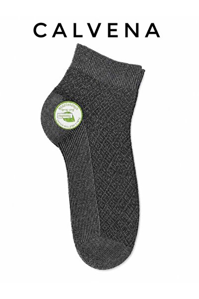 Calvena Men's Bamboo 6 Pairs Gray Navy Blue Patterned Booties Socks