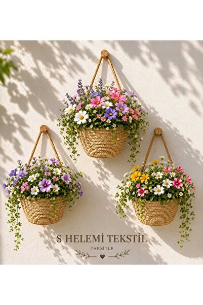 SHLM TEKSTİL Dekoratif 3'li Askılı Saksılık (çiçek ve ahşap askı dahil değild...