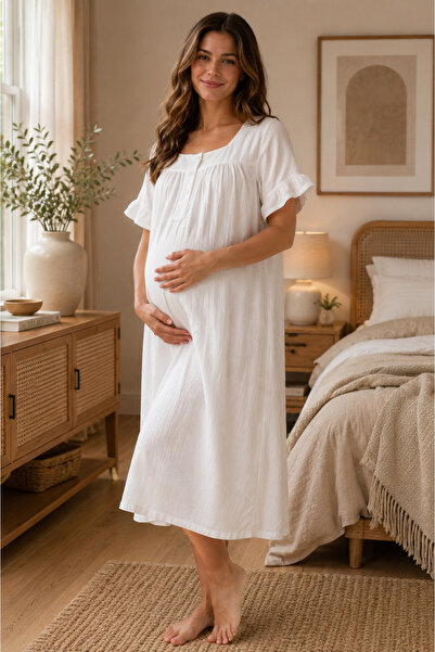 by İGP Muslin Fabric Maternity Short Sleeve Nightgown with Breastfeeding Feat...