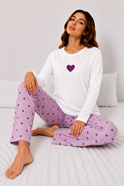 Zaya Homewear Uzun Kollu Love Purple Pijama Takımı Süpersoft Basic Süprem