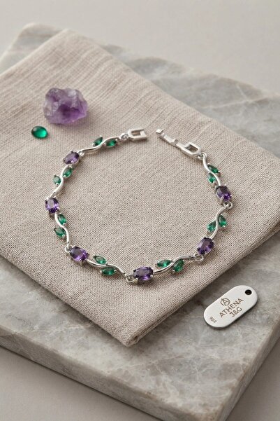 TakÇalıştır Purple Zircon Stone Flower Model Silver Brass Women's Bracelet