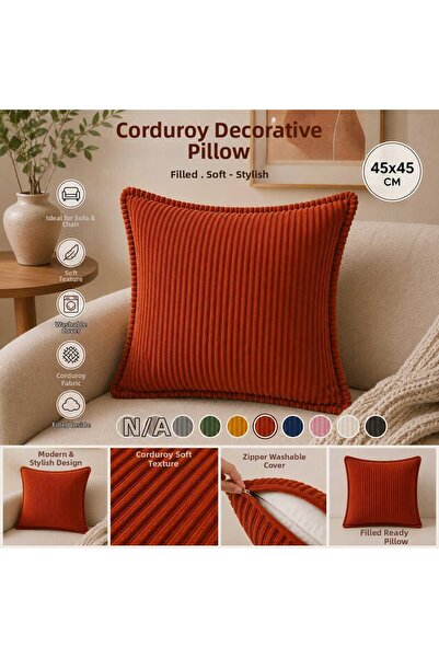 COLORMİX 45X45 Corduroy Decorative Throw Pillow with Filling, Zippered, Washa...