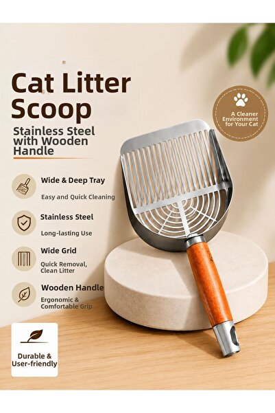 HAYHAYPETSHOP Stainless Steel Cat Litter Shovel Wooden Handle Professional Sa...