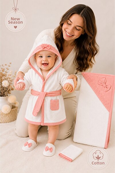 MİAPOLİXA Baby Girl Luxury Bathrobe Set Towel Set 100% Cotton Fabric 0-2 Years