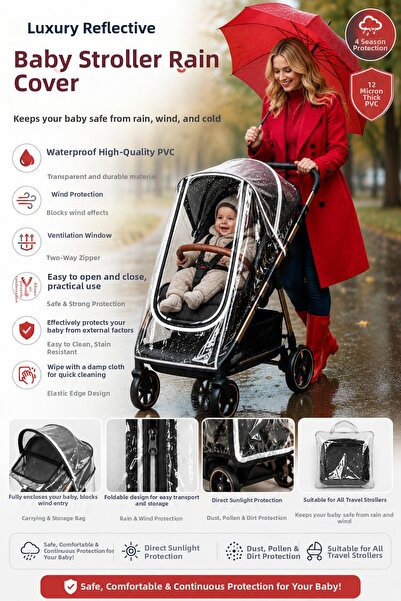Mommyslab غطاء مطر فاخر عاكس للضوء لعربة الأطفال، 12 ميكرون، خالٍ من الفثالات...