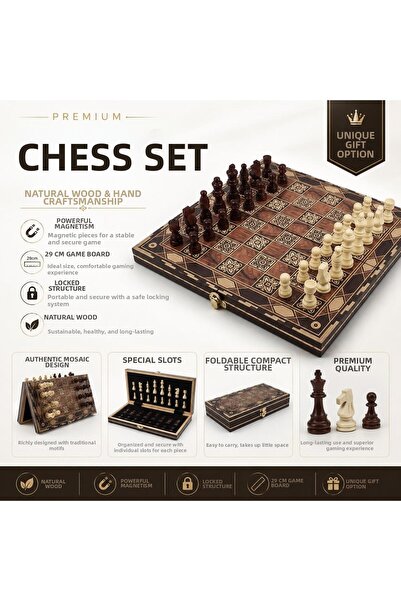 e-life shop Luxury Mosaic Patterned Wooden Magnetic Chess Set 29cm Foldable P...