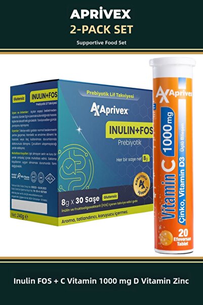Aprivex Inulin Fos Prebiotic Fiber 30 Powder Sachet and Vitamin C Vitamin D Z...