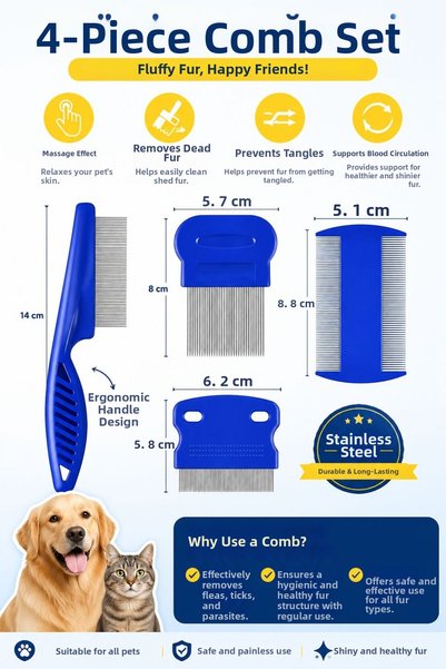 Floria 4-Piece Lice Comb Set Cat Dog Hair Comb Stainless Steel Fine-Toothed Flea and Lice Removal Comb
