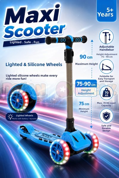 Doğan Oyuncak Dünyası Blue Maxi Lighted 3-Wheel Foldable Scooter 6+ - Scooter...
