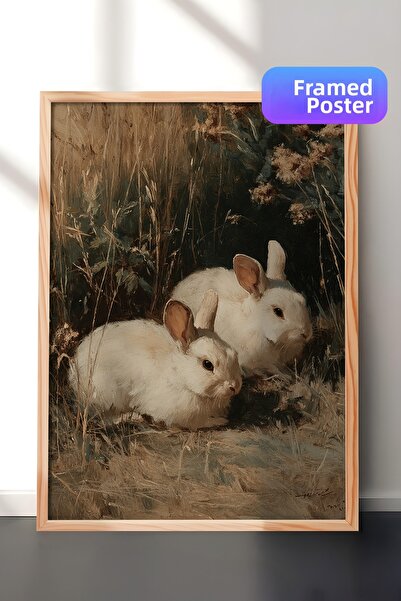 Zestia Pictură murală vintage, Iepuri odihnindu-se în natură, înrămată în lem...
