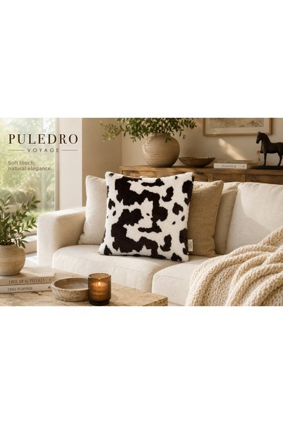 Puledro Voyage Cow Pattern Plush Cushion Cover Fur Look Decorative Sofa Pillow Cover Cow Pattern 45X45 cm