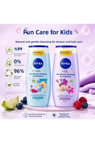NIVEA Kids 3-in-1 Shower Gel, Shampoo and Conditioner Set 250 ml + 250 ml (Ma...