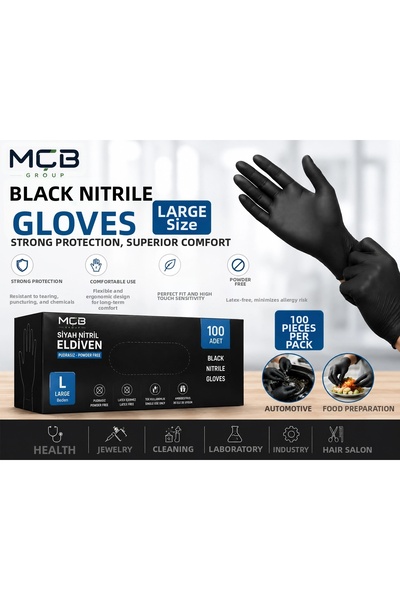 Mçb Group قفازات نيتريل سوداء كبيرة الحجم (L) عبوة تحتوي على 100 قفاز فحص للا...