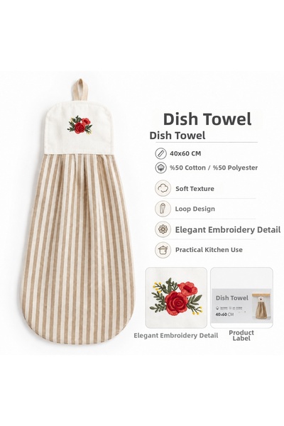 Magiclady Embroidery Detailed Hanging Dishcloth 40X60 cm Striped Kitchen Towel