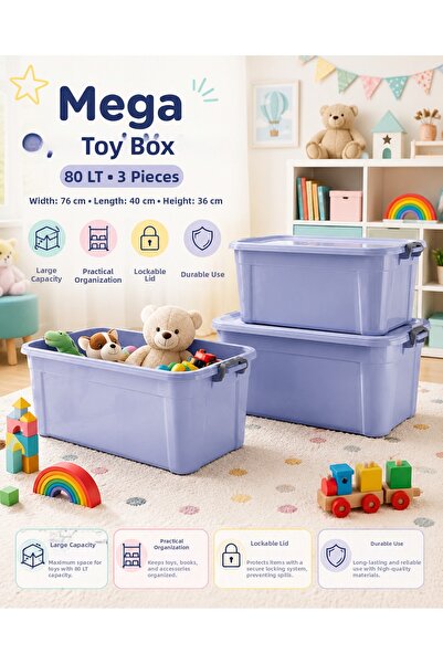 ZİVORA 80 Lt Lockable Storage Box Mega Toy Organizer Box 76X40X36 cm 3 Pieces