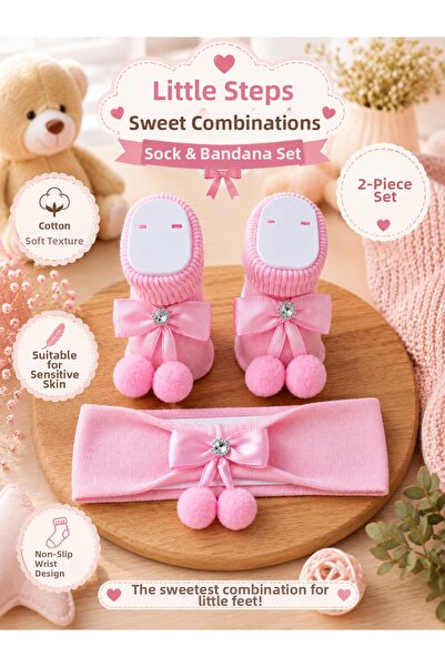 Akface Pompom Baby Socks Bandana Set of 2 Pink