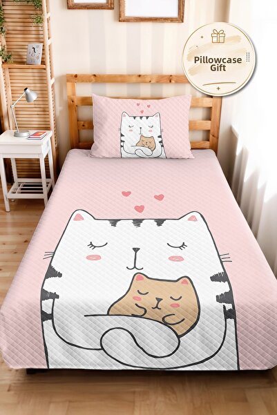 Evimde Bambaşka Pink Cat Themed Girls' Pique Set - Cute Pastel White Baby Roo...