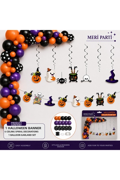 MERİ PARTİ Halloween Balloon Chain Set 50 Pieces Banner and 6-Piece Ceiling H...