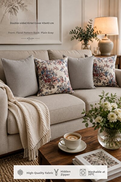 KIRLENT TEKSTİL Botanika Elora Series Set of 4 Double-Sided Decorative Throw ...