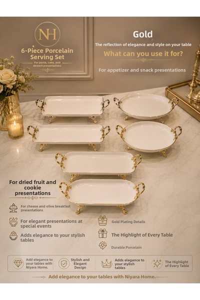 Niyara home 6-Piece Porcelain Presentation Set Gold the Reflection of Eleganc...