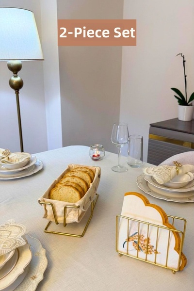 Edora Home Set of 2 Shiny Gold Rectangular Bread Basket Cage Napkin Holder Ki...