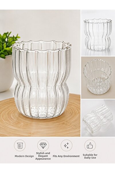 kumkumticaret Premium 250 ml Glass Cup |   Transparent Embossed Striped Desig...
