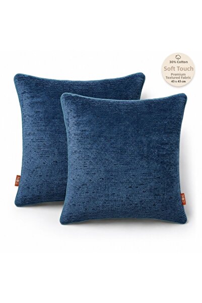 THE KUN Navy Blue Plain Chenille Textured 2-Piece Throw Pillow Cover Set with...