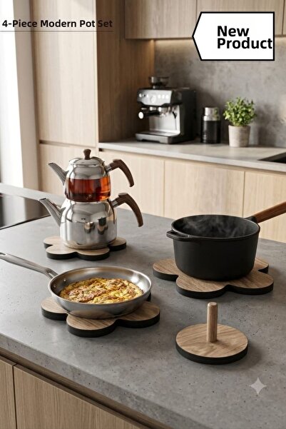 RealWood 4-Piece Trivet - with Feet - Water and Heat Resistant - Wood - Walnu...
