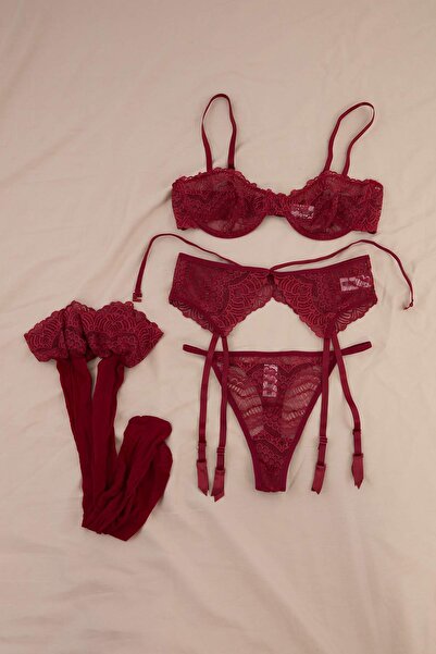 Trendyol Collection Set lenjerie intimă din dantelă bordeaux, fără cupă, cu j...