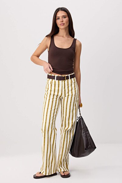 Trendyol Collection Multi-Colored Striped High Waist 100% Cotton Wide Leg Jea...