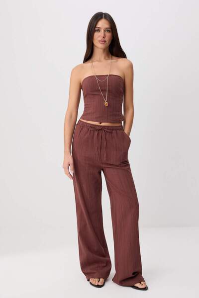 Trendyol Collection Brown Linen Look Strapless Blouse Elasticated Trousers Wo...