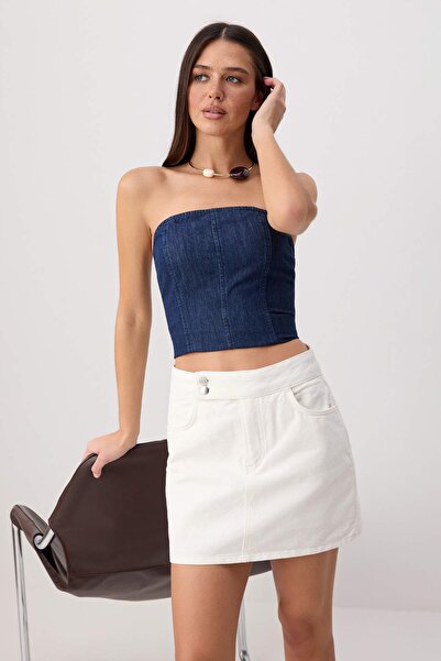 Trendyol Collection Ecru Waist Detailed 100% Cotton Denim Short Skirt Twoss26...