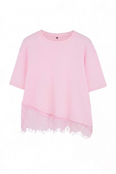 Trendyol Curve Powder Skirt Hem Lace Detailed Plus Size T-Shirt Tbbss26Bf00047