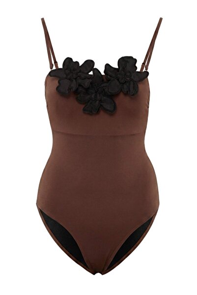 Trendyol Collection Costum de baie maro, fără bretele, cu aplicații florale, ...